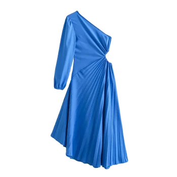 Sügisel Elegantne Midi Kleit Naistele Plisseeritud Ühe Õla Auk Naine Põlve-Kleidid Vabaaja Ebaregulaarne Pool Õhtul Traf Uus