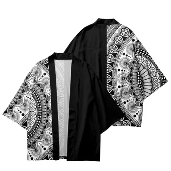 Kevad Mantel Casual Meeste Kampsun, Ülikond Kimono Must Trükitud Top Ja Püksid Komplekt Streetwear 2tk Ülikond