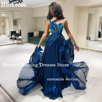 Üks-õlg Glitter Sinine Tanssiaiset Kleidid, Plisseeritud Profileeritud-line Luksuslik õhtukleit 2024 Ametlik Pool Kleit Vestidos De