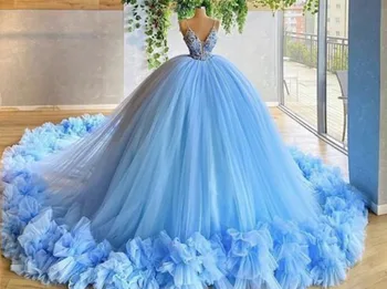 Blue Ball Kleit Pulm Kleit Printsess V Kaela Spagetid Rihmad Pruudi Kleit