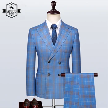 Meeste Luksuslik Sinine Ruuduline Ülikond 3piece S-5XL( Jope + Vest + Püksid) Business Casual Office 3piece Mees Peigmees Pulmas Sobib