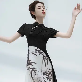 Tint Prindi Bambusest Cheongsam Uus Hiina Stiilis Naised Qipao Kleit seksikas Sale Pikk Kleit Vintage Nuppu Mandarin Krae Vestidos