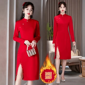 Traditsiooniline Hiina Stiilis Punased Cheongsam Naiste Sügis-Talv Paks Kaasaegne Täiustatud Retro Qipao Kleit Uus Aasta CNY