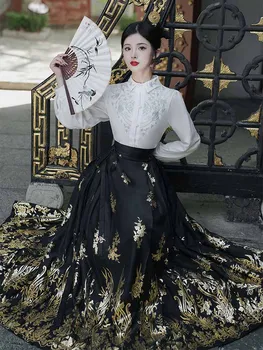 Hiina Hobuse Nägu Seelik Komplekti Naiste Ming dünastia Kaasaegne Jacquard Must Hanfu Pika Varrukaga Särk Pleats Seelik Komplekti Pluss Suurus XL