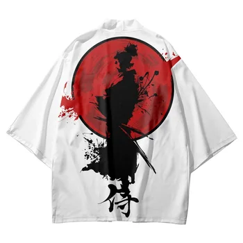Valge Jaapani Samurai Red Sun Prindi Traditsiooniline Kimono Cosplay Samurai Haori Obi Naiste, Meeste Kampsun, Rand Yukata Aasia Riided