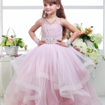 3d Applique Pink Flower Girl Kleidid Tülli Lühikesed Puhvis Varrukad Printsess Sünnipäeva Pall Kleit Jõulud iludusvõistlus Kleit