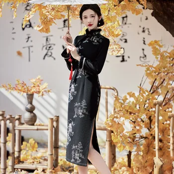 Yourqipao 2023 Talvel Tikitud Musta Cheongsam Retro Elegantne Mood Paranenud Qipao Hiina Stiil õhtukleit jaoks Naised