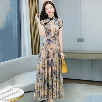 Naiste Suvine Cheongsam Vintage Õie Muster Ema Kleit-Hiina Stiilis Pulm Kostüümid Pluss Suurus Pikk Qipao M-3XL