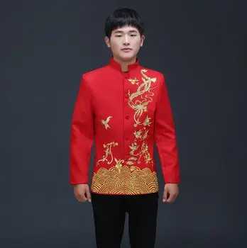 Hiina meeste riided Traditsiooniline Peigmees pulmas Hiina Vana Kostüüm Sinine Punane Tuunika Tang Sobiks Kleit Puuvillased tikandid Peal