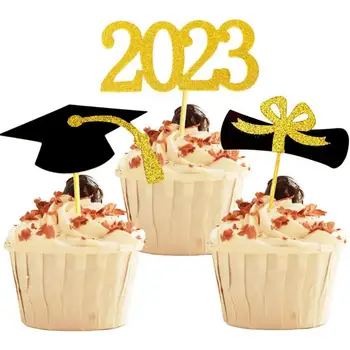 24tk 2023 Lõpetamist Kook Dekoratsioonid, Must, Kuldne Glitter Bakalaureuse Mütsi Kuju Paber Cupcake Toppers Algust Pool Tarvikud