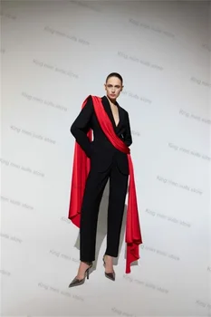 Must Naiste Kostüümid Komplekt 2 Tk Bleiser On Pikk Rihm+Püksid Kõnniteed Puuvill Ametlik Office Lady Mantel Riided Kohandatud Pulm Tuxedos