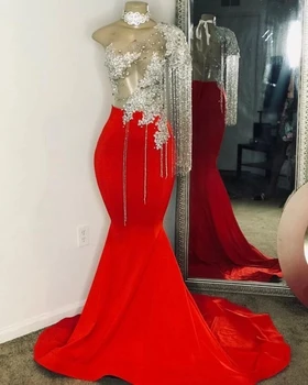 Punane Lõuna-Aafrika Tanssiaiset Kleidid Mermaid Satiin Appliques Vaata Läbi Musta Tüdrukud Nigeeria Rüü De Iltamat Õhtul Kleidid Kleit