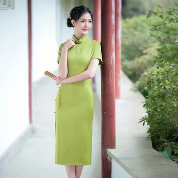 Naiste Roheline Mandariin Krae Qipao Suvel Lühikeste varrukatega Mood Päev Elegantne Nuppu Cheongsam