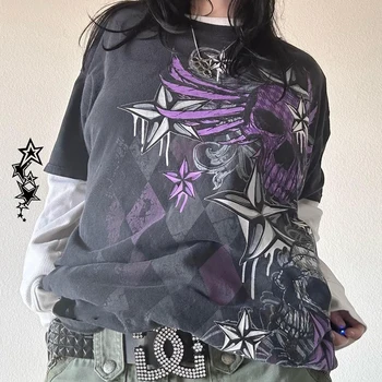 Cyber Y2K Grunge Mall Goth Top Segast Täis Varruka Kottis Pulloverid Tees Jaapani Närviline 00s Retro E-Gooti tüdruk Emo T-särk