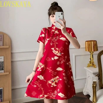 Uus Aasta on Punane Suvel Trendikas Street Fashion Moodne Ruuduline-line Kleit Naiste Traditsioonilised Hiina Riided