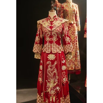 Hiina Stiilis Pruudi Pulmas Kleit, Vintage Pulm Kleit Dragon ja Phoenix Tikandid Riided