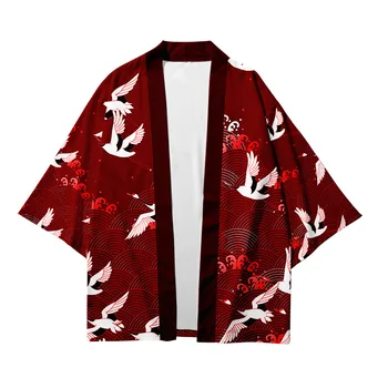Punane Kraana Prindi Lahti Jaapani Kampsun, Naised, Mehed Harajuku Kimono Cosplay Topid Pluus Yukata Riided kimono naised