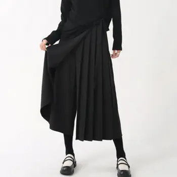 Naised Lai jalg Püksid Must Tahke aine, Värvi, Plisseeritud Lai Jalg Culottes Naiste High Street Style Keskel vasika Pikkusega Püksid