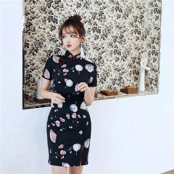 2023 Uus Must Lühike Cheongsam Qipao Mood Naiste Kleit Suvel Osaline Kostüüm Vintage Tüdruk Fänn Trükkimine Kleidid