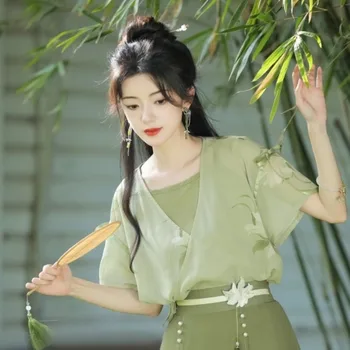 2023 Suvi Lühike Seelik Set Elegantne Retro Õrn Parandamise Hiina Traditsiooniline Hanfu Kleit Roheline Lühike Varrukas Komplekt